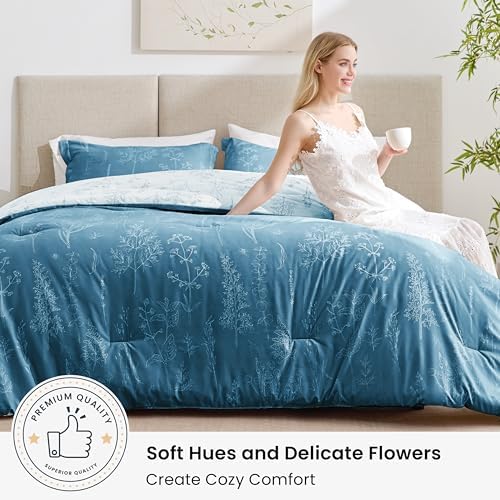 Love's cabin Mineral Blue Comforter Set Queen - Queen Size Comforter Set, 3 Pieces Cute Floral Bedding Sets for All Seasons,1 Soft Reversible Botanical Flowers Comforter and 2 Pillow Shams
