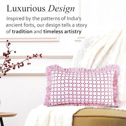 CPC Block Print Magenta Pink Ruffle Cotton Lumbar Pillow Cover 12x20 inch