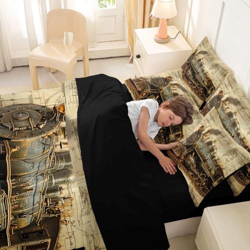 Erosebridal 7 Pieces Vintage Steam Train Bed in A Bag Twin Retro Train Comforter Set with Sheets Transportation Vehicle Bedding Set for Kids Boys Teens Men Steampunk Industrial Aesthetic Bed Sets