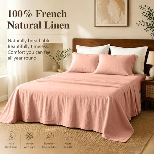 MEISHANG 100% French Linen Sheets Queen,4 Pcs,18-24" Extra Deep Pocket
