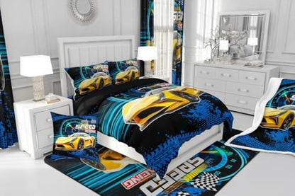 Boys Race Car Toddler Comforter Set,Kids Speed Racing Car Bedding Set for Boys Children Girl,Black And White Plaid Checkered Flag Bedding Comforter Sets,Speed Dashboard Automobile Extreme Sport Quilt