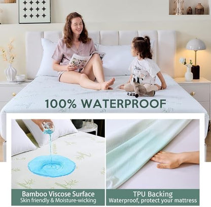 MUXHOMO Premium 100% Waterproof Queen Size Mattress Protector, Breathable Mattress Cover Queen Size Bed, Cooling 3D Air Fabric Bed Pad Cover, Deep Pocket 8"-21"