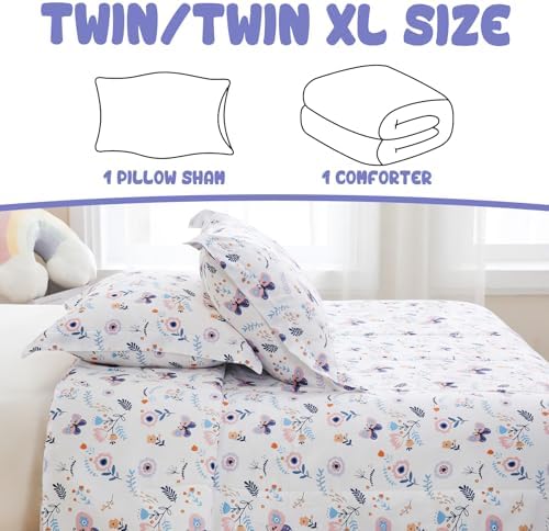Yibeizi Floral Butterfly Comforter Set for Girls Twin Size Bedding
