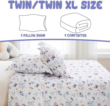 Yibeizi Floral Butterfly Comforter Set for Girls Twin Size Bedding