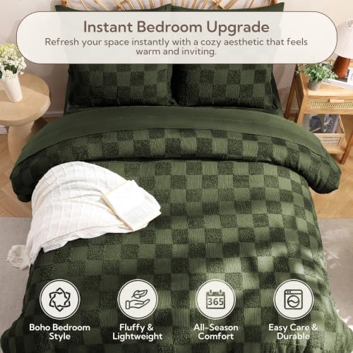 MR&HM King Comforter Set 7 Pieces, Checkered Boho Bed Set Dark Olive Green