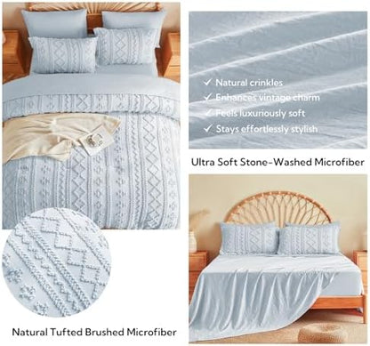 MR&HM 7 Pieces Comforter Set Full, Tufted Boho Farmhouse Bed Set Dusty Blue