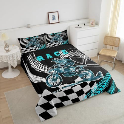 Racing Motorcycle Comforter Set Dirt Bike Motocross Rider Queen Bedding Sets for Boys Girls,Extreme Sports Moto Quilt Motorbike Vehicles Duvet Insert,Black White Lattice Buffalo Plaid Decor