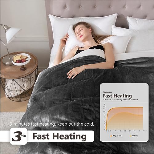 Wapaneus Heated Blanket Electric Queen Size 84"x90"-Dual Control with 10 Heat Levels 12 Timer Settings and 8 Hours Auto-Shut Off,Fast-Heating Electric Blanket,ETL Listed Machine Washable,Dark Grey