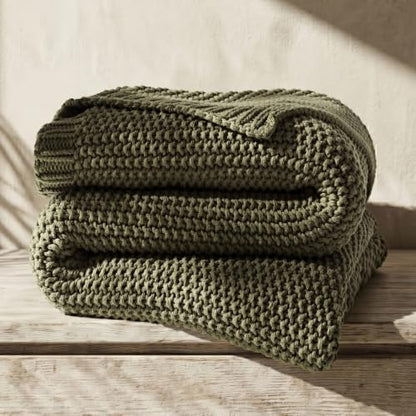 EverGrace Organic Cotton Chunky Knit Throw Blanket, 50 x 60 Olive Green