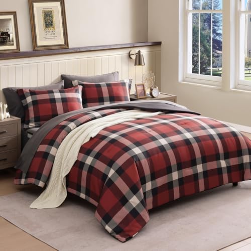 Plaid Twin XL Comforter Set Red 5 Pieces Bed in a Bag for College Dorm