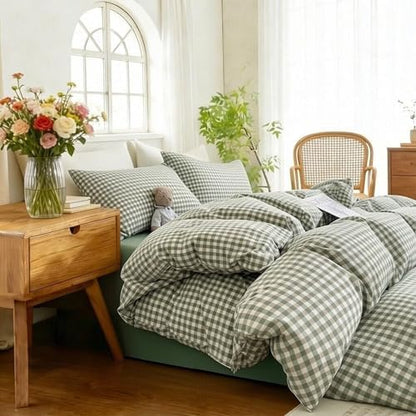 Gingham Duvet Cover Set 3 Piece 100% Washed Cotton Linen Feel Modern Plaid Checkered Bedding Comfy Breathable (Green/White Gingham, King)