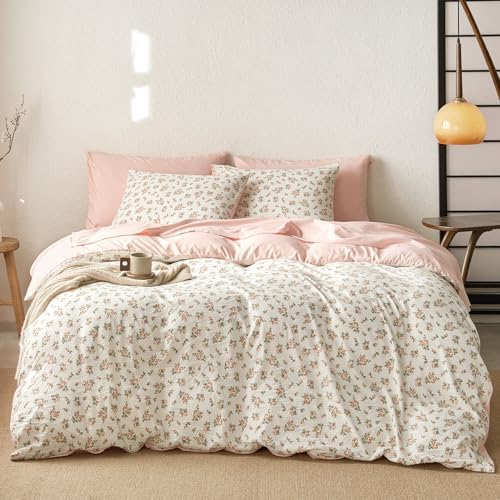 Wake In Cloud - Floral Comforter Set with Sheets, Coquette Cottagecore Aesthetic Flower Shabby Chic Pattern for Women Teen Girls, 5 Pieces Bed in a Bag, Peach Blush, Twin Size