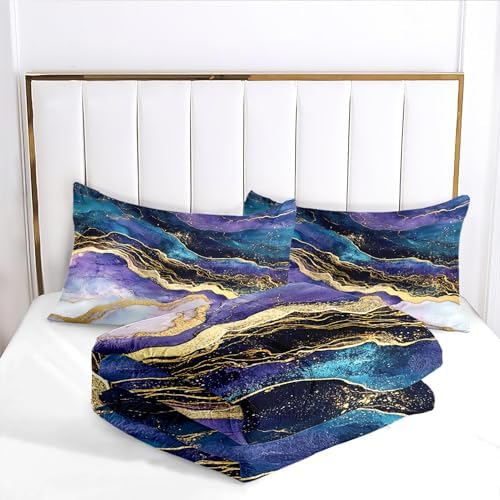 CCoutueChen Kids Marble Comforter Twin Size, Blue and Purple Watercolor Bedding Set, Morden Aesthetic 2 Pcs Warm Microfiber Bed Set with 1 Pillowcase, 68"x86"