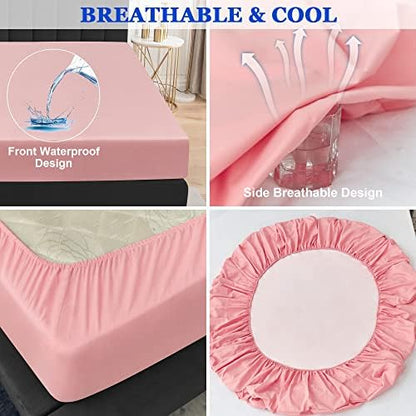 Sufdari Full Size Mattress Protector,Waterproof Mattress Protector,Fitted Sheet Style Mattress Cover with 18" Deep Pocket,Washable and Comfortable-Pink,Full