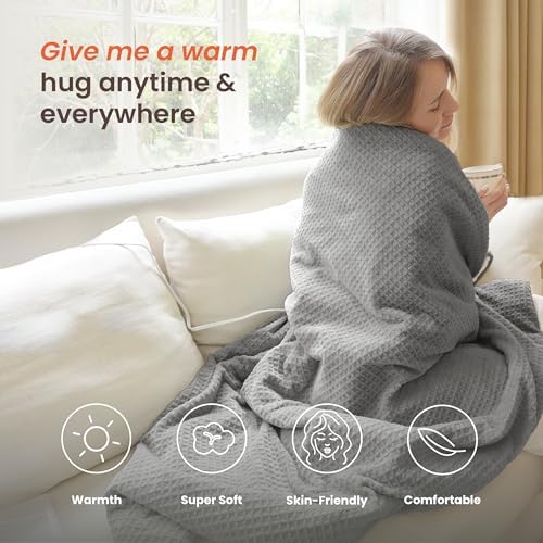 Heated Blanket Electric Throw Waffle, 50x60 Inches Sherpa Fleece Fast Heating Blanket 6 Heating Levels & 4 Hours Auto Off ETL Certification, Grey Throw