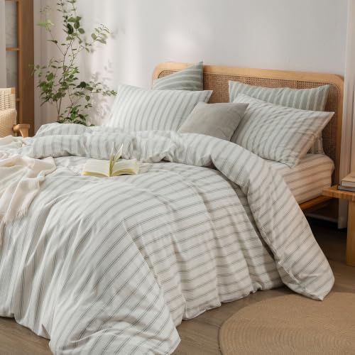 BESTOUCH Striped Cotton Duvet Cover Set Linen Feel Super King