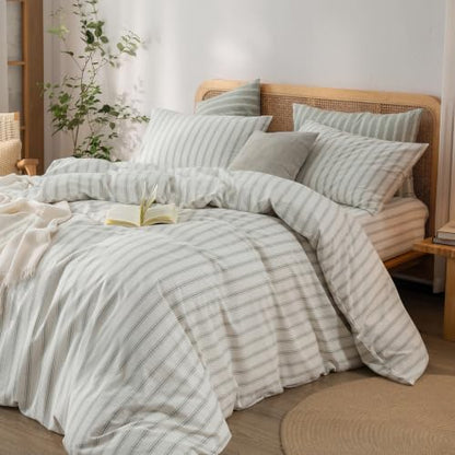 BESTOUCH Striped Cotton Duvet Cover Set Linen Feel Queen