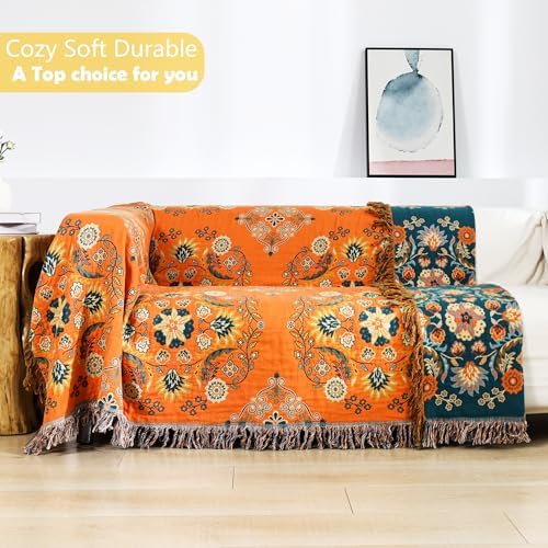 VANJOROY 100% Cotton Throw Blanket, Muslin Breathable Soft Bed Quilt Orange Throw - Bohemian Floral Farmhouse Decor Blanket for Sofa Couch Chair and Gift. 50" x 60"