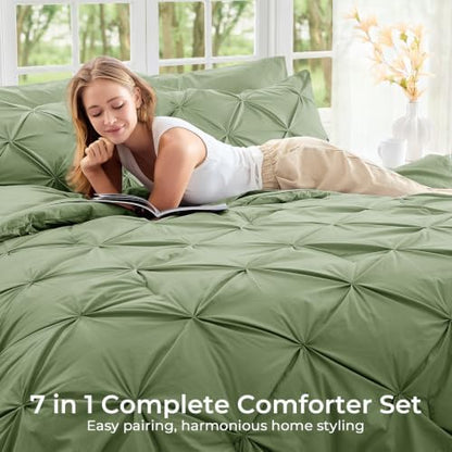 Sasttie Queen Comforter Set, 7-Piece Bed in a Bag, Pintuck Bedding Sets for All Season, Includes Comforter, Flat Sheet, Fitted Sheet, Pillowcases and Pillowshams, Pale Green
