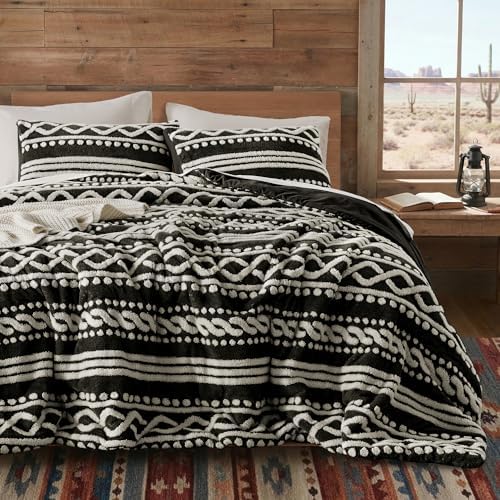 Wonderful Tufted Boho Comforter King, 3 Piece Flannel Fair Isle Geometric Jacquard Lightweight Comforter with Washed Brushed Backing, Skin-Friendly Rustic Plush Blanket for All Season, Black, 104"x90"