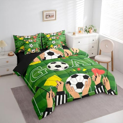 Erosebridal Soccer Gaming Boys Kids Green Football Court Full Comforter Set 7 Pieces | Ball Games Bed in A Bag for Bedroom Sports Theme Playground Bedding Set with Comforters Striped Room Decor