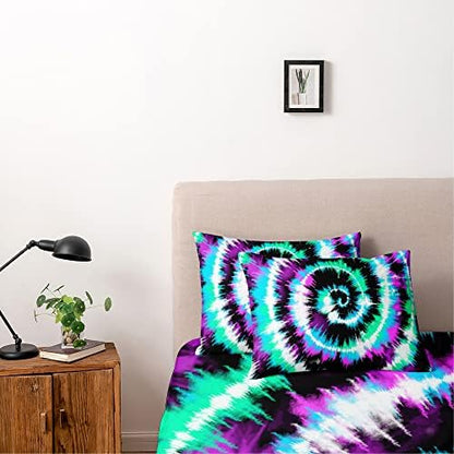 Queen Purple Teal Spiral Tie Dye Duvet Cover Set with 2 Shams