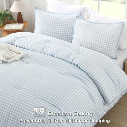 Andency Blue Gingham Comforter Set Full, Blue Checkered Grid Plaid Bedding
