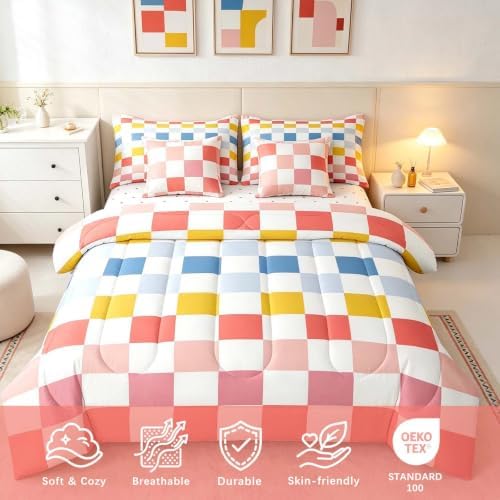 Feelyou Multicolored Checkered Retro Comforter Set with Sheets 7 Piece King Size Geometric Cute Bed in a Bag Kids Boys Girls Colorful Bedding Set Modern Groovy Aesthetic Bedroom Decor Breathable Soft
