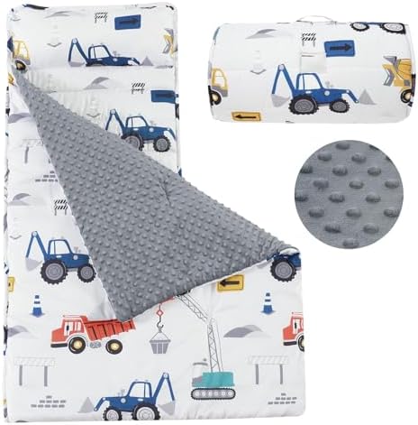 PHF Toddler Nap Mat with Removable Pillow and Minky Blanket, Rollup Design Kids Sleeping Mat, Slumber Bags for Boys, 55"x23" Toddler Sleeping Bag for Daycare Preschool Travel Camping, Truck and Digger