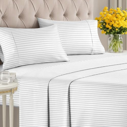 King 4 Piece Striped Sheet Set - Soft, Breathable & Cooling - Misty Stripes