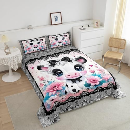 Feelyou Kids Cute Highland Cow Comforter Set Queen Size Cartoon Highland Cattle Bowknot Bedding Set Boys Girls Flowers Floral Pattern Quilt Set Black Lace Pattern Bed Set