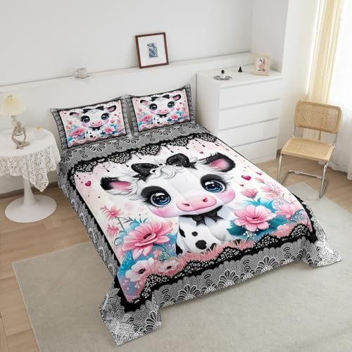 Feelyou Kids Cute Highland Cow Comforter Set Full Size Cartoon Highland Cattle Bowknot Bedding Set Boys Girls Flowers Floral Pattern Quilt Set Black Lace Pattern Bed Set