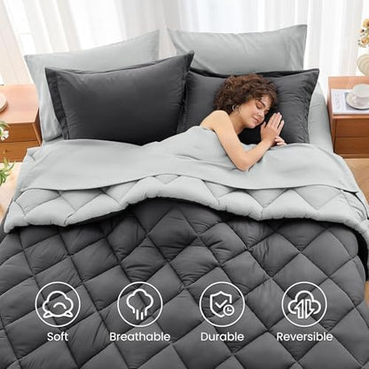 MUXHOMO 7 Pieces Full Comforter Set, Reversible Bed in a Bag Full Size, All Season Bedding Set with Comforter, Flat Sheet, Fitted Sheet, Pillowcases & Shams, Dark Grey & Light Grey
