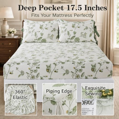 FADFAY Premium Cotton Percale Queen Size Sheets Green Floral Bed Sheet Set