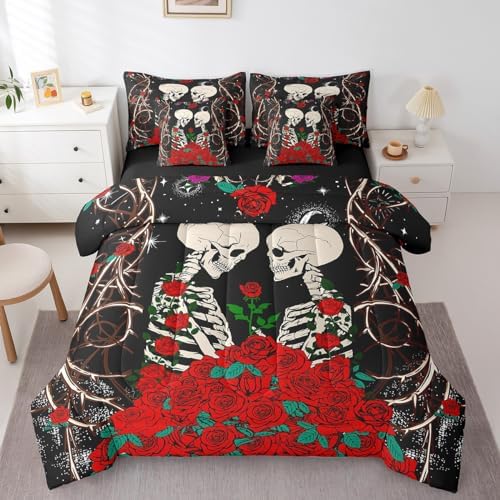 Erosebridal Sugar Skull 7 Piece Comforter Set Full Bed in a Bag,Gothic Bone Skeleton Halloween Decorations Bedding Sets Red Rose Sheet Set with Comforter