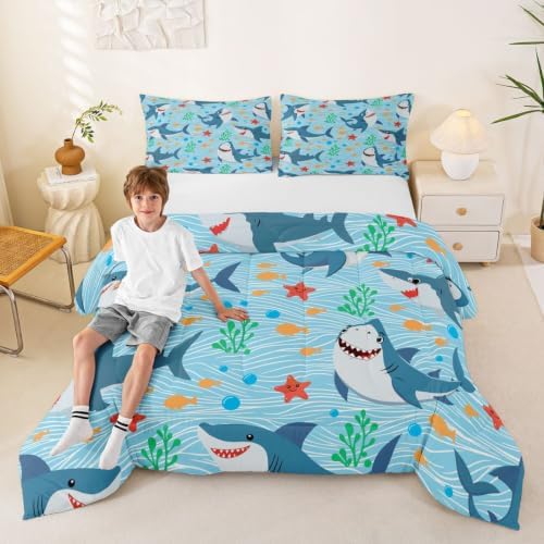 Cute Shark Comforter Set King Size,Fish Coral Bedding Set 3pcs for Kids Teens Boys Girls Room Decor,Mysterious Under Sea Animals Plants Themed Quilt Set Cartoon Blue Duvet Insert with 2 Pillowcases