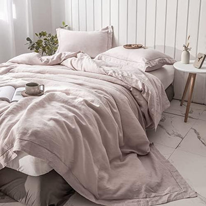 Simple&Opulence 100% French Linen Duvet Cover Set with Embroidered,3 Pcs Washed Soft Farmhouse Bedding Set with Button Closure,1 Comforter Cover and 2 Pillowshams(King,Dusty Pink)