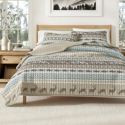 Great Bay Home Lodge Quilt Set - 3-Piece Full/Queen Size Rustic Bedding Set - Lightweight, All-Season, Reversible Bedspread (Rustic Lodge Stripes)