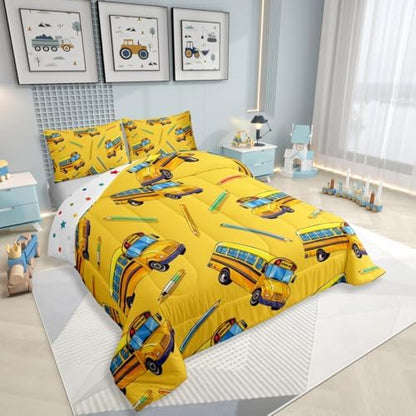 Erosebridal School Bus Queen Comforter Set for Home, School Truck Bedding Set for Kids Boys Girls Teens Bedroom Decor, Cartoon Car Theme Comforter, Yellow Quilt with 2 Pillowcases, 3 Pcs