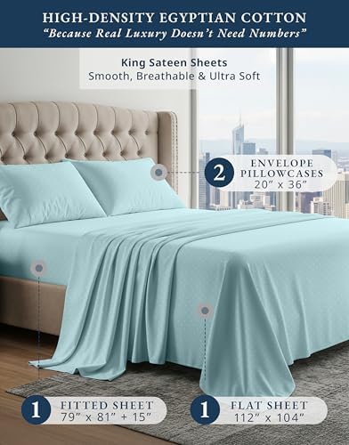 LANE LINEN King Size Sheets Set Sateen Weave - Blue Sky Swiss Dot