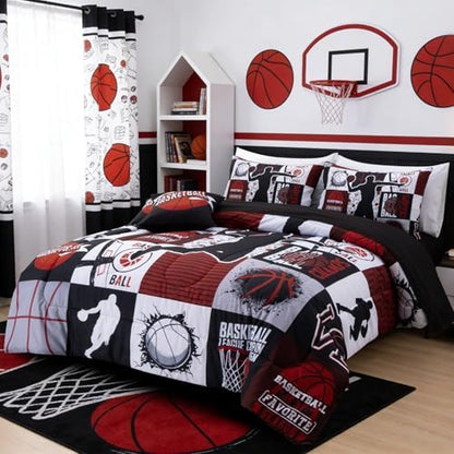 Aimuan Sports Geometric Grid Black Patchwork Basketball Printed for Boys Twin 6Pcs Bed in A Bag Black and Red Comforter Bedding Set Twin Size, Black-Red