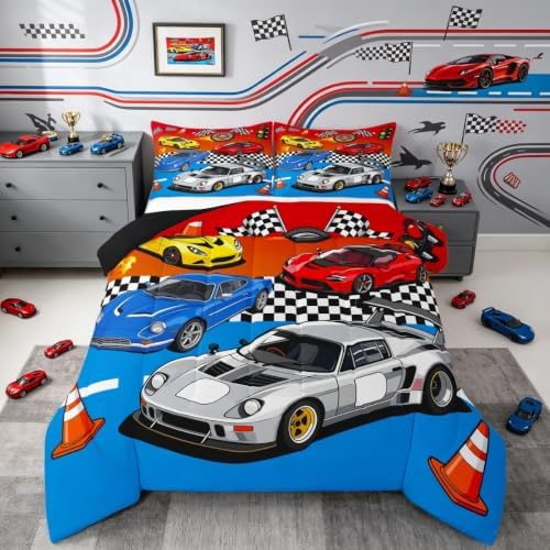 Feelyou Boys Sports Car Comforter Set King Size Speed Race Car Bedding Set for Kids Boys Girls Racing Extreme Sports Duvet Quilt Automobile Bedroom Decor Microfiber 3 Pcs with 2 Pillow Cases