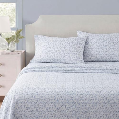 Martha Stewart - Full Sheet Set with Fitted Sheet & Pillowcases, Cotton Percale Bedding with a Smooth Feel, Deep Pocket, Leaves Blue