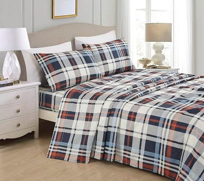Chezmoi Collection 3-Piece Lodge Plaid Sheet Set Twin Size - Blue Orange White Herringbone Plaid Stripe Printed Brushed Microfiber Lightweight Breathable Deep Pocket Bed Sheets