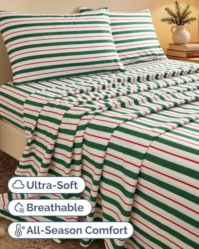 Christmas Sheet Set, Cabana Stripe, Holiday Xmas Bedding Set - Cal King