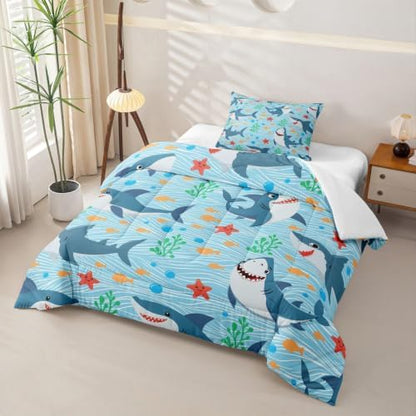 Cute Shark Comforter Set Twin Size,Fish Coral Bedding Set 2pcs for Kids Teens Boys Girls Room Decor,Mysterious Under Sea Animals Plants Themed Quilt Set Cartoon Blue Duvet Insert with 1 Pillowcase