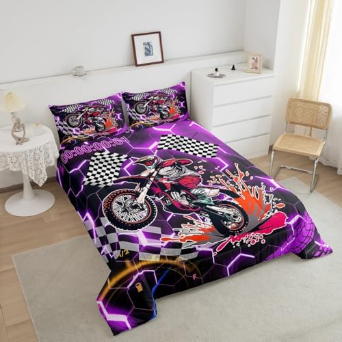 Racing Motorcycle Comforter Set Queen Purple Neon Lights Honeycomb Bedding Set Dirt Bike Motocross Quilt Glitter Geometric Hexagon Beehive Duvet Insert,Black White Grid Lattice Buffalo Plaid Decor