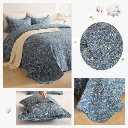 Lady Ann 100% Cotton King Quilt, Navy Blue Floral Botanical Pattern Printed King Bedding Set, 3 Pcs Vintage Lightweight Quilted Coverlet Ultra Soft Bedspread Set for All Season