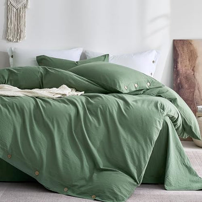 JELLYMONI 100% Washed Cotton Dusty Green Duvet Cover Full, Linen-Like