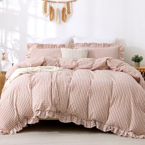ATsense Pink Brown Gingham Ruffle Duvet Cover Set Cotton Like Linen, King